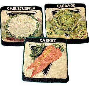 Vintage 90s Vegetable Pillow Case Set Carrot Cabbage Home Decor Velvet Burlap 3